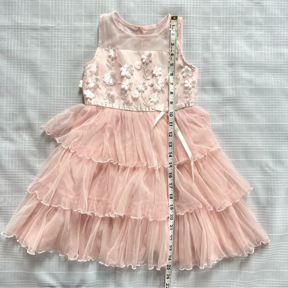Jona Michelle Pink Tiered Embellished Girls Formal Pink Sleeveless Dress SZ 5